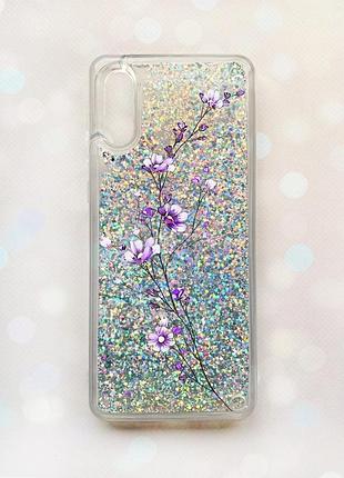 Чехол с плавающими блестками на samsung galaxy a02 / a022 (2021) серебряный веточка цветов (принт 278)