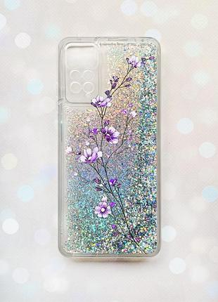 Чехол с плавающими блестками на xiaomi redmi note 11 pro/12 pro 4g серебряный веточка цветов (принт 278)