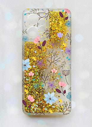 Чехол с плавающими блестками на xiaomi redmi note 12 4g золотой :: цветочный фон (принт 267)