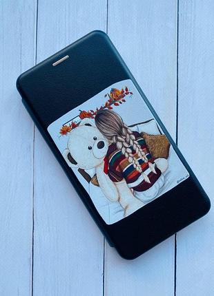 Чехол-книжка с рисунком для apple iphone 7 plus, iphone 8 plus черный :: девочка с мишкой (принт 117) 3