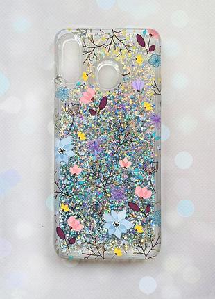 Чехол с плавающими блестками на samsung galaxy а30(2019) а305/a20 серебро :: цветочный фон (принт 267)