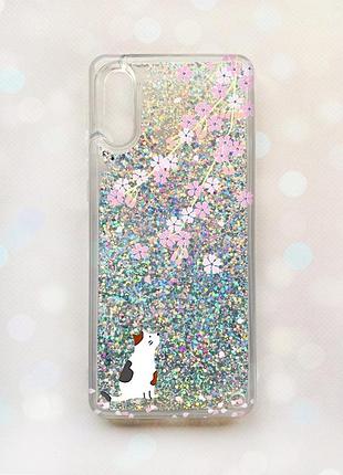 Чохол з плаваючими блискітками samsung galaxy a02 / a022 (2021) срібний :: котик і сакура (принт 283)