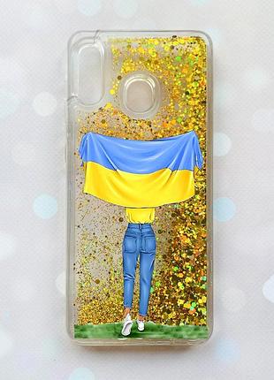 Чехол с плавающими блестками на samsung galaxy а30(2019) а305/a20 золотой девушка с флагом (принт 263)