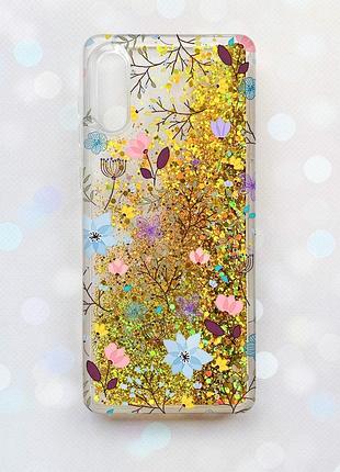 Чехол с плавающими блестками на samsung galaxy a02 / a022 (2021) золотой :: цветочный фон (принт 267)