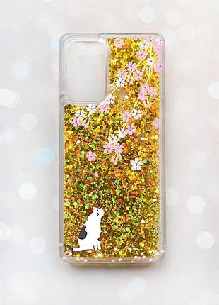 Чехол с плавающими блестками на samsung galaxy a52 (a525) золотой :: котик и сакура (принт 283)