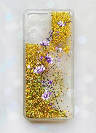 Чехол с плавающими блестками на xiaomi redmi note 12 4g золотой :: веточка цветов (принт 278)