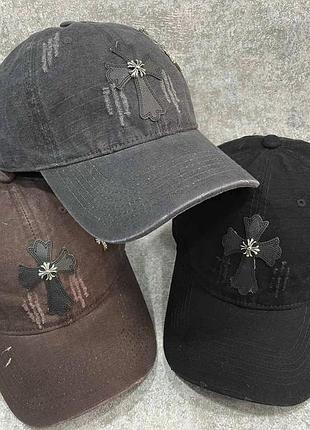 Джинсовая кепка chrome hearts рваная, брендовая бейсболка chrome hearts джинс, кепка хром хартс, рванная кепка