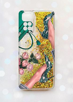 Чохол з плаваючими блискітками на xiaomi redmi note 11 золотий :: туфельки і квіти (принт 225)