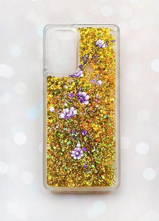 Чехол с плавающими блестками на samsung galaxy a52 (a525) золотой :: веточка цветов (принт 278)