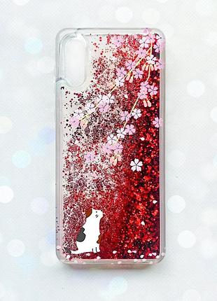 Чехол с плавающими блестками на samsung galaxy a02 / a022 (2021) красный :: котик и сакура (принт 283)