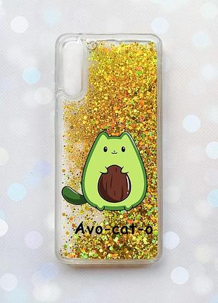 Чехол с плавающими блестками на samsung galaxy a50 (2019) a505f золотой котик авокадо (принт 306)
