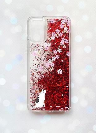 Чехол с плавающими блестками на samsung galaxy a03s (a037) красный :: котик и сакура (принт 283)