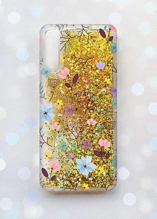 Чехол с плавающими блестками на samsung galaxy a50 (2019) a505f золотой :: цветочный фон (принт 267)