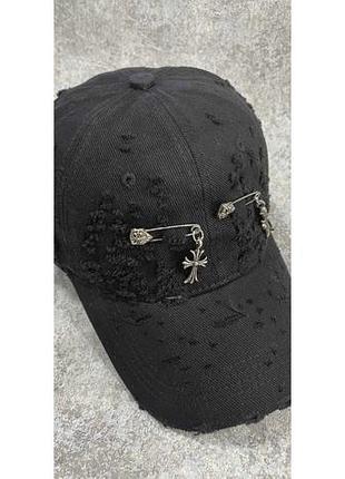 Джинсовая кепка chrome hearts рваная, брендовая бейсболка chrome hearts джинс, кепка хром хартс, рванная кепка