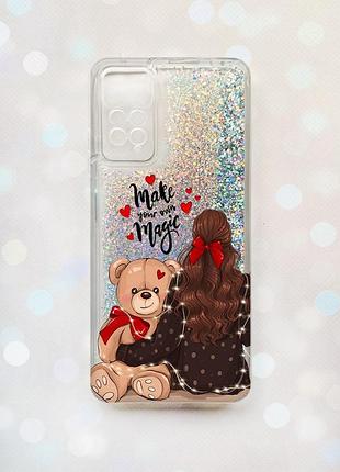 Чехол с плавающими блестками на xiaomi redmi note 11 pro/12 pro 4g серебряный девушка с мишкой (принт 188)