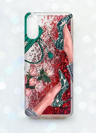 Чехол с плавающими блестками на samsung galaxy a02 / a022 (2021) красный :: туфельки и цветы (принт 225)