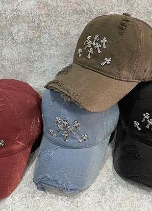 Джинсовая кепка chrome hearts рваная, брендовая бейсболка chrome hearts джинс, кепка хром хартс, рванная кепка