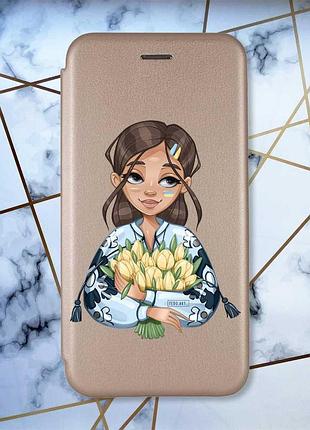 Чохол-книжка з малюнком для xiaomi redmi 7 золотий :: дівчина з тюльпанами (принт 22)
