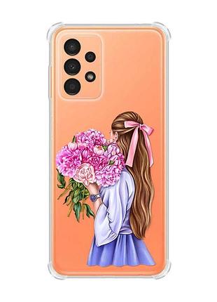 Чехол с утолщёнными углами на samsung galaxy a13 4g :: девушка с пионами (принт 11)