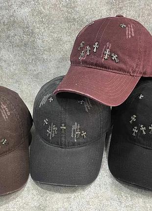 Джинсовая кепка chrome hearts рваная, брендовая бейсболка chrome hearts джинс, кепка хром хартс, рванная кепка