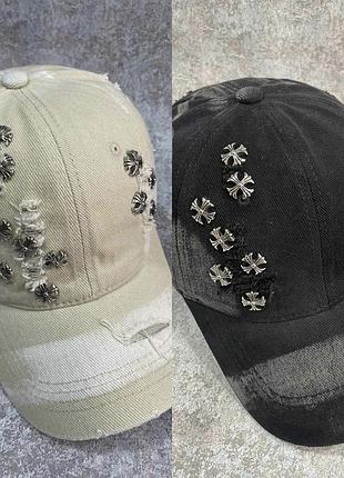 Джинсовая кепка chrome hearts рваная, брендовая бейсболка chrome hearts джинс, кепка хром хартс, рванная кепка