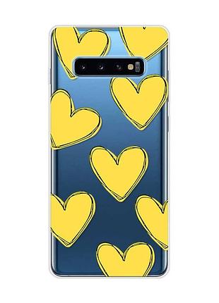Прозрачный чехол на samsung galaxy s10 plus :: сердечка желтые (принт 259)
