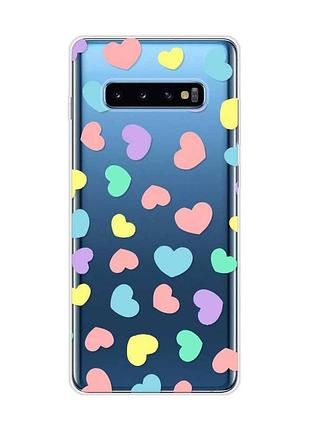 Прозорий чохол на samsung galaxy s10 plus :: різнокольорові сердечка (принт 335)
