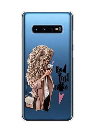 Прозорий чохол на samsung galaxy s10 plus :: дівчина з кавою (принт 114)