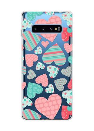 Прозорий чохол на samsung galaxy s10 plus :: різнокольорові сердечка (принт 334)