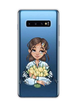 Прозрачный чехол на samsung galaxy s10 plus :: девушка с тюльпанами (принт 22)