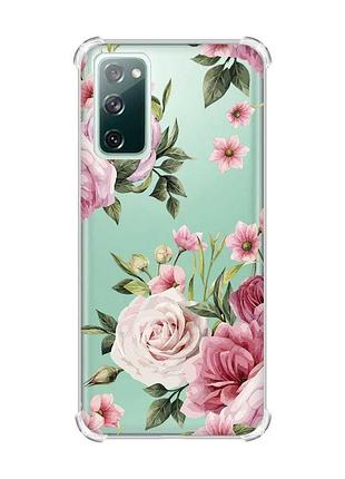 Чехол с утолщёнными углами на samsung galaxy s20 :: розовые цветы (принт 287)