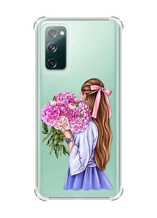 Чехол с утолщёнными углами на samsung galaxy s20 :: девушка с пионами (принт 11)