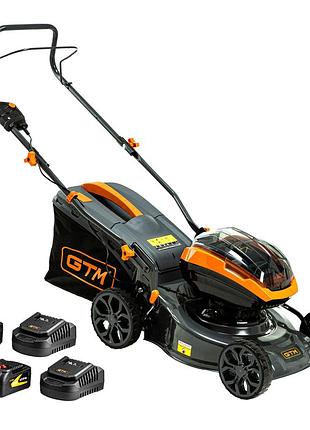 Аккумуляторная газонокосилка gtm blm42 36 в, 42 см, бесщеточная, несамоходная, с акб 4 ач и зу