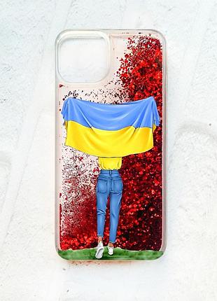 Чехол с плавающими блестками на iphone 14 красный :: девушка с флагом (принт 263)