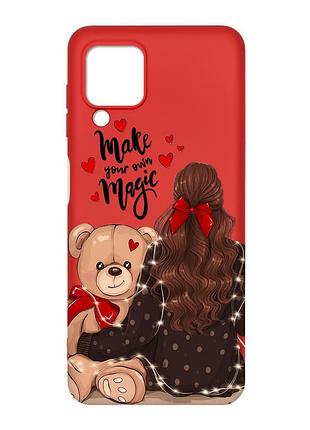 Матовый красный чехол на samsung galaxy m32/a22/m22 4g :: девушка с мишкой (принт 188)