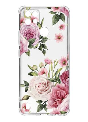 Чехол с утолщёнными углами на realme c21 :: розовые цветы (принт 287)