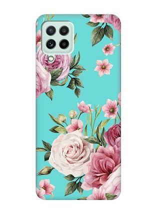 Матовий бірюзовий чохол на samsung galaxy m32/m22/a22 4g :: рожеві квіти (принт 287)