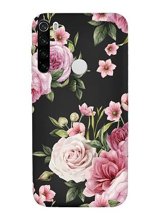 Матовий чорний чохол на xiaomi redmi note 8t :: рожеві квіти (принт 287)