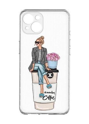 Прозрачный чехол с защитой камер на iphone 15 plus :: девушка на кофе (принт 228)