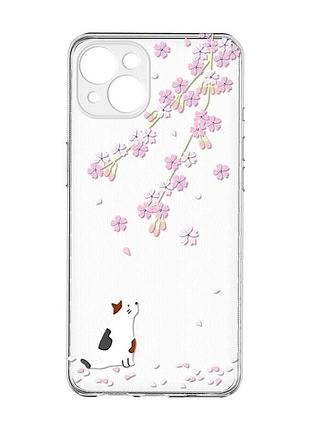 Прозорий чохол із захистом камер на iphone 15 plus :: котик і сакура (принт 283)