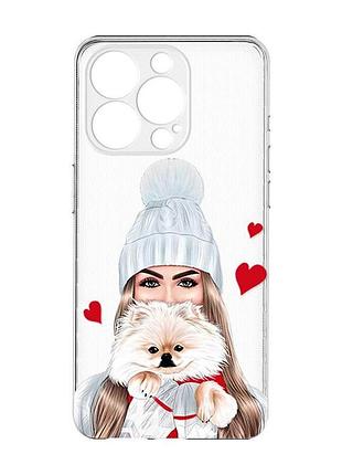 Прозрачный чехол с защитой камеры на iphone 15 pro :: девушка с собачкой (принт 142)