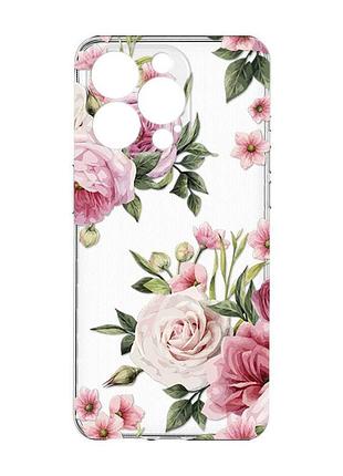 Прозрачный чехол с защитой камеры на iphone 15 pro :: розовые цветы (принт 287)