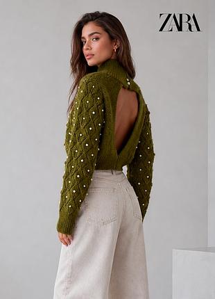 Нова зелена кофта з перлинами та відкритою спинкою zara s