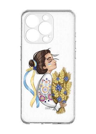 Прозрачный чехол с защитой камеры на iphone 15 pro :: украинка с колосками (принт 172)