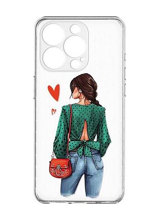 Прозрачный чехол с защитой камеры на iphone 15 pro :: девушка в зеленом (принт 224)