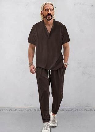 Мужской стильный костюм двойка в четырех цветах футболка + штаны ткань лен/полиэстер