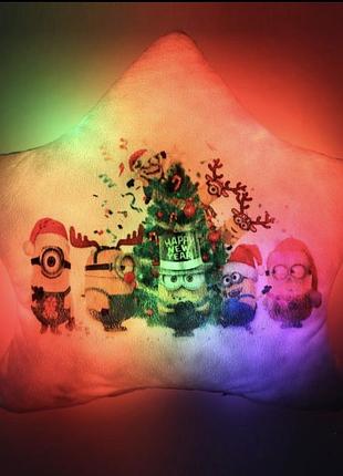 Подушка ночник новогодние миньоны - светящаяся подушка new year minions - детская подушка игрушка мех плюш