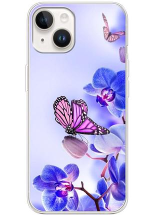 Чехол силиконовый с картинкой на iphone 15 (цветок, бабочка на орхидее)