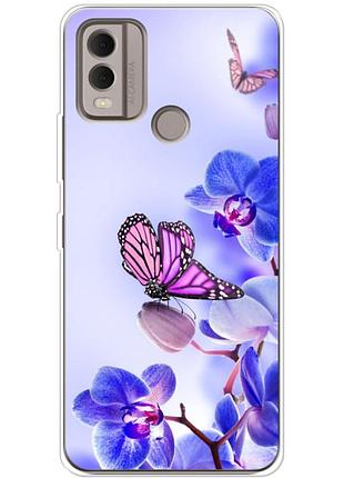 Чехол силиконовый с картинкой на nokia c22 (цветок, бабочка на орхидее)