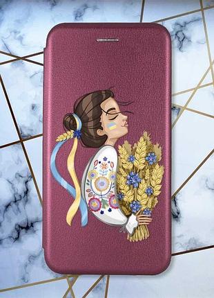 Чехол-книжка с рисунком для samsung galaxy a10s/a107 бордовый :: украинка с колосками (принт 172)